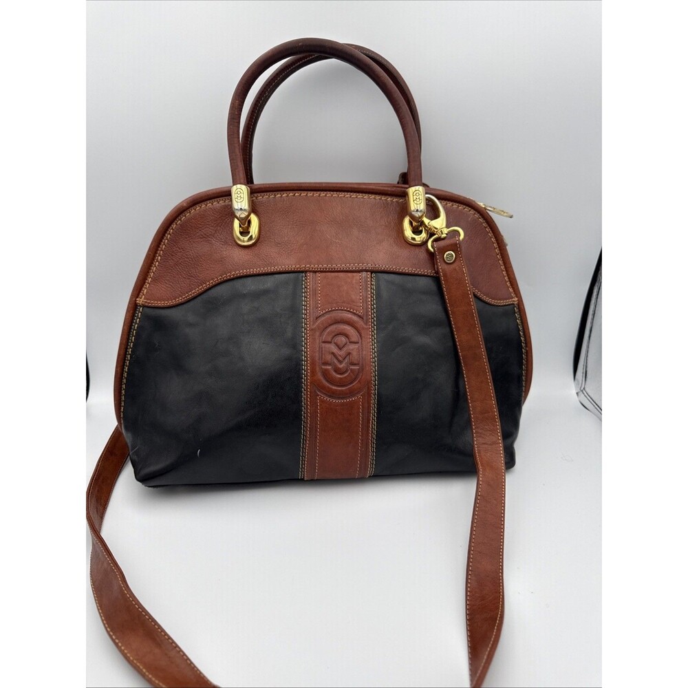 Vintage Marino Orlandi Genuine Leather Satchel Made in Italy Brown, Gold & Black